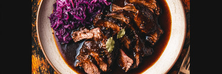 Sauerbraten, a traditional German dish, is presented alongside vibrant purple cabbage, highlighting a hearty meal enjoyed during a family gathering, bannerの素材