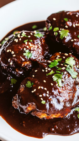 Mole chicken is beautifully presented with a glossy sauce, garnished with fresh cilantro and sesame seeds, showcasing traditional Mexican cuisine at a festive gathering.の素材