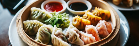Assorted dim sum displayed on a white plate includes spring rolls, dumplings, and dipping sauces, perfect for a leisurely meal in a vibrant restaurant setting, bannerの素材