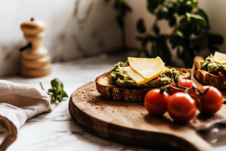 Delicious breakfast featuring heartwarming creative toasts topped with melted cheese, fresh tomatoes, and fragrant herbs served on a rustic wooden board in a warm kitchenの素材