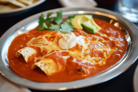 Two enchiladas topped with melted cheese and garnished with sour cream, avocado, and cilantro are served on a metal plate in a lively Mexican dining setting.の素材
