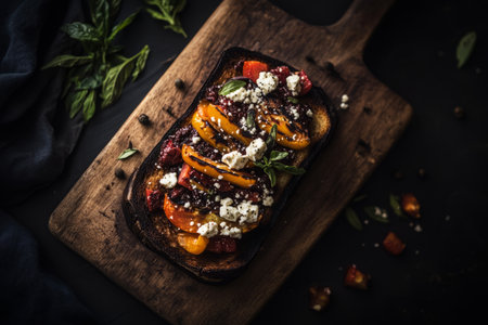 Brightly colored toasts topped with roasted peppers, crumbled cheese, and fresh herbs sit on a natural wood board. A perfect breakfast option any time of day.の素材