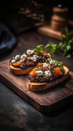 Deliciously crafted breakfast toasts feature vibrant peppers and creamy cheese on a wooden board, perfect for a cozy morning meal in a warm setting.の素材