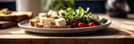 A plate of creative breakfast toasts features a variety of toppings such as nuts, berries, and greens, beautifully arranged on a wooden table in a cozy setting, bannerの素材