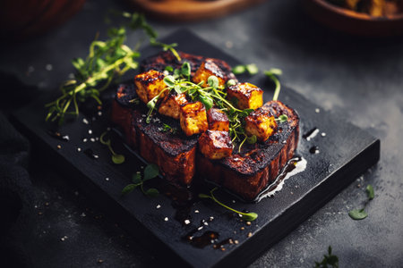 Colorful breakfast toasts feature roasted vegetables and fresh herbs, served at a cozy cafe, inviting diners to enjoy a flavorful start to the dayの素材