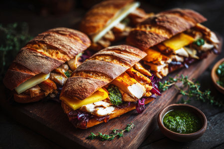 A delicious breakfast time highlights the epic mega sandwich filled with grilled chicken, melted cheese, and charred onions, accompanied by a savory sauce on rustic wooden platingの素材