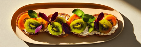 Delicious creative toasts topped with fresh kiwi, sliced plum, and herbs on a smooth spread, presented on a textured surface bathed in soft morning light, bannerの素材