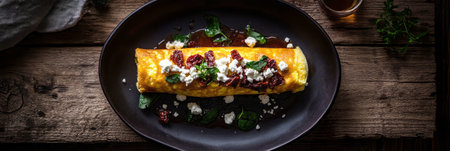 Rustic omelette with feta and spinach, placed on a dark wood surface, creating a warm and intimate mood, perfect for a savory breakfast or dinner, bannerの素材