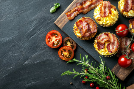 A vibrant breakfast board showcases mini egg muffins topped with bacon, alongside ripe cherry tomatoes and a variety of fresh herbs, creating a tempting morning spreadの素材