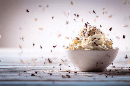 Enjoy a comforting breakfast bowl featuring creamy oatmeal topped with banana slices, chocolate shavings, and a sprinkle of spice. Perfect for a relaxed morningの素材