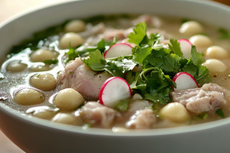 A bowl of traditional pozole filled with hominy, tender pork, fresh cilantro, and sliced radishes. Perfect for a cozy meal at home or a festive gathering with family and friendsの素材