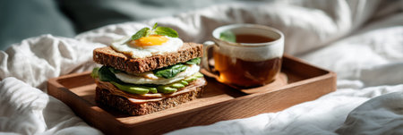Savoring a delicious breakfast consisting of a mega sandwich layered with greens, egg, and ham, accompanied by a steaming cup of tea in a relaxed atmosphere.の素材