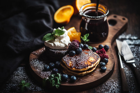 Delicious stack of pancakes adorned with fresh blueberries and raspberries, drizzled with syrup. Served on a wooden cutting board with mint garnish, ideal for a morning treatの素材