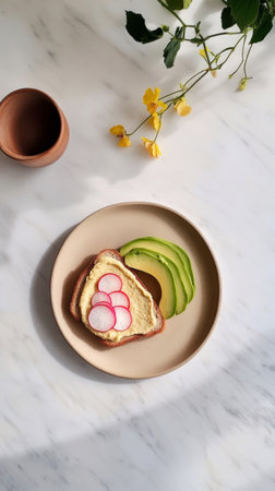 Breakfast consists of a slice of toast topped with creamy hummus, fresh avocado slices, and radish, accompanied by a delicate flower arrangement in sunlightの素材