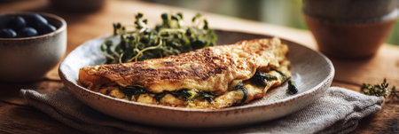 Enjoy a delightful seasonal breakfast featuring a fluffy spinach omelette served with fresh greens and blueberries on a rustic wooden table, perfect for morning dining.の素材
