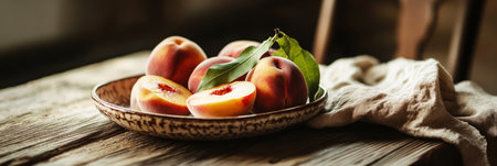 A collection of ripe peaches, some whole and one sliced, is displayed on a rustic plate. Green leaves accompany the fruit, adding freshness to the scene, bannerの素材