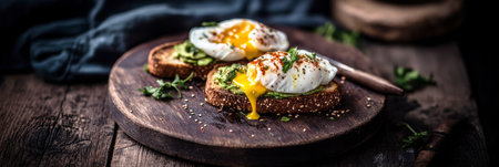 Enjoy a visually appealing breakfast featuring creative toast topped with a perfectly poached egg, fresh avocado, and crispy elements, all presented on a rustic wooden board, bannerの素材