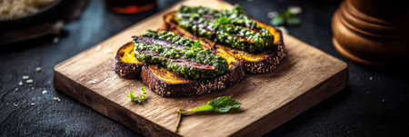 Two slices of toasted bread topped with a green spread and garnished with herbs are displayed on a wooden board in a cozy breakfast setting, highlighting a creative meal, bannerの素材
