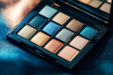 A grid of nine colorful pigments reveals shades of red, pink, yellow, and blue, resting on a textured, paint-splattered artist's work surfaceの素材