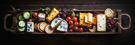 A beautifully arranged breakfast board showcases a creamy cheese, fresh cucumbers, cherry tomatoes, assorted fruits, and crunchy crackers, perfect for a delightful morning meal, bannerの素材