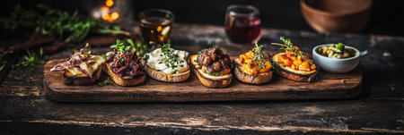 A beautifully arranged breakfast board showcases slices of toasted bread topped with flavorful spreads, colorful vegetables, and fresh herbs, perfect for a leisurely morning meal, bannerの素材