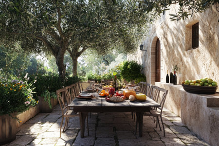 A charming outdoor dining space features a rustic table laden with fresh fruit and wine, framed by lush plants and sunlit stone pathways, inviting relaxationの素材