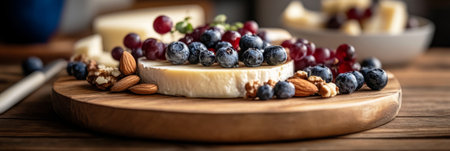 A beautifully arranged breakfast board showcasing slices of cheese, fresh berries, and a variety of nuts is set on a rustic wooden platter in a warm cafe ambiance during morning hours, bannerの素材