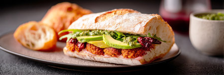 A mouthwatering breakfast features an epic sandwich stacked with vibrant veggies and sauces, banner.の素材