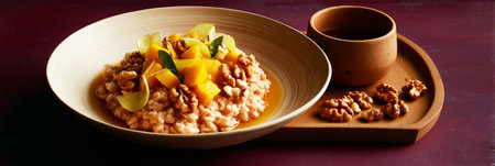 A warm bowl of oatmeal features ripe mango, crunchy walnuts, and tart green apple slices. Accompanied by a small cup of tea, this seasonal breakfast is perfect for autumn.の素材