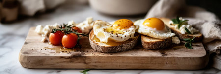 Breakfast board display includes poached egg with runny yolk, fresh cherry tomatoes, creamy cheese, and herbs arranged on rustic bread. Perfect for a morning feast, bannerの素材