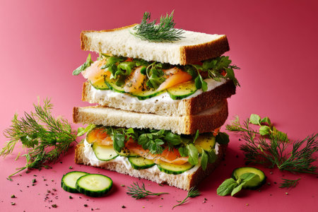 Brightly colored sandwich towers feature layers of cream cheese, cucumber, and smoked salmon. Fresh herbs add an aromatic touch, making for a visually appealing breakfast choiceの素材