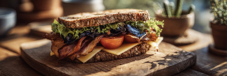 This hearty mega sandwich showcases layers of crispy bacon, fresh greens, and ripe tomatoes nestled between slices of artisanal bread. Perfect for a delightful breakfast treat, bannerの素材
