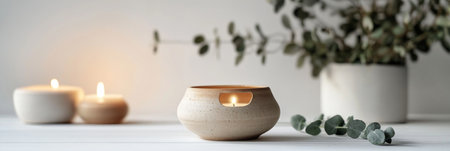 Sunlight filters through, casting shadows of leaves on a smooth surface, featuring a simple plant arrangement and a decorative bowl, creating a serene atmosphere, bannerの素材