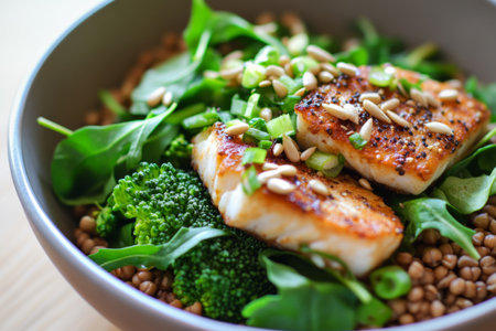 Grilled fish fillets rest on a bed of fresh greens and quinoa, topped with seeds, set in a bright kitchen during breakfast time.の素材