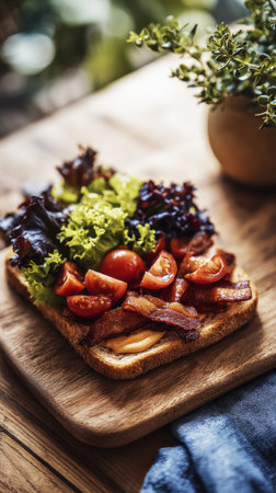 Enjoy a hearty breakfast with a mega sandwich piled high with crispy bacon, cherry tomatoes, and fresh greens, beautifully presented on a wooden surface alongside a small plant.の素材