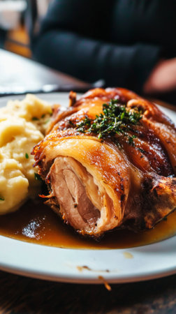 A delicious haxe is plated alongside creamy mashed potatoes and crispy roast potatoes. The rustic ambiance enhances the traditional German dining experienceの素材