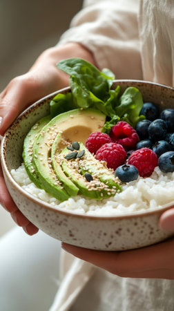 A person holds a bowl filled with rice, fresh avocado slices, raspberries, blueberries, and spinach, showcasing a vibrant and nutritious breakfastの素材