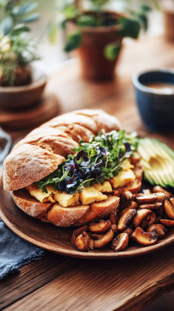 Savor a hearty breakfast featuring a sandwich loaded with fluffy eggs, fresh greens, and crispy potatoes, complemented by avocado slices. Perfect for a relaxing morningの素材