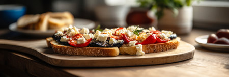 Delicious breakfast toasts topped with roasted vegetables and creamy cheese showcase vibrant colors and fresh ingredients, creating a perfect start to the day on a wooden surface, bannerの素材