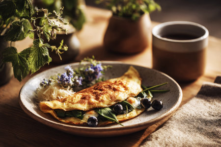 Start the day with a seasonal breakfast featuring a tasty spinach and cheese omelet accompanied by fresh greens and herbs, showcasing simple culinary delightsの素材