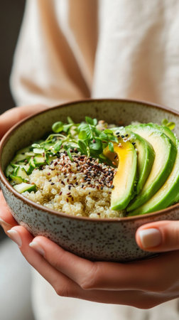 A person holds a bowl filled with quinoa, garnished with sliced avocado, a poached egg, and chopped green onions in a bright kitchen. Morning light enhances the cozy atmosphere.の素材