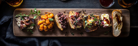 A beautifully arranged breakfast board showcases slices of toasted bread topped with flavorful spreads, colorful vegetables, and fresh herbs, perfect for a leisurely morning meal, bannerの素材