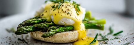 Delight in a seasonal breakfast featuring poached eggs atop fresh asparagus placed on a toasted English muffin, drizzled with creamy hollandaise sauce.の素材
