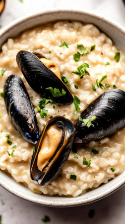 Creamy risotto features tender mussels nestled on top, garnished with fresh parsley. This hearty Italian dish is perfect for a comforting dinner experience any night of the weekの素材