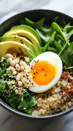 A vibrant bowl filled with quinoa, fresh spinach, sliced avocado, and a perfectly soft-boiled egg garnished with sesame seeds, placed on a marble surface.の素材