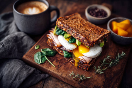 An elaborate breakfast sandwich stacked high with layers of turkey, fresh spinach, and perfectly cooked eggs sits on a wooden boardの素材