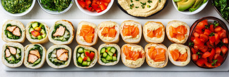 Colorful assortment of sushi rolls is elegantly arranged on a wooden board, accompanied by fresh greens and ripe tomatoes for a healthy breakfast spread at a cozy setting, bannerの素材
