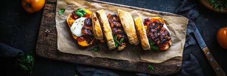 Three appetizing breakfast sandwiches are arranged neatly on a wooden board, showcasing grilled meat, melted cheese, and fresh vegetables, perfect for a morning meal, bannerの素材