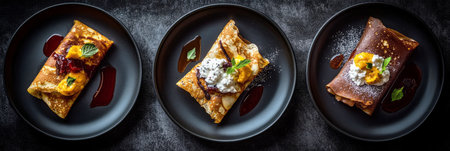 Three different crepes are prepared with various flavorful toppings, including fruit purees, yogurt, and mint, showcasing the beauty of seasonal breakfasts.の素材