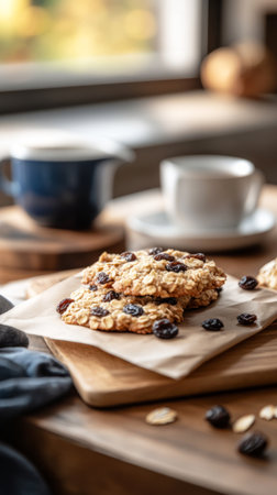 Freshly baked breakfast cookies made with oats and dried berries sit on a wooden board, inviting warmth and comfort in a charming cafe atmosphere.の素材